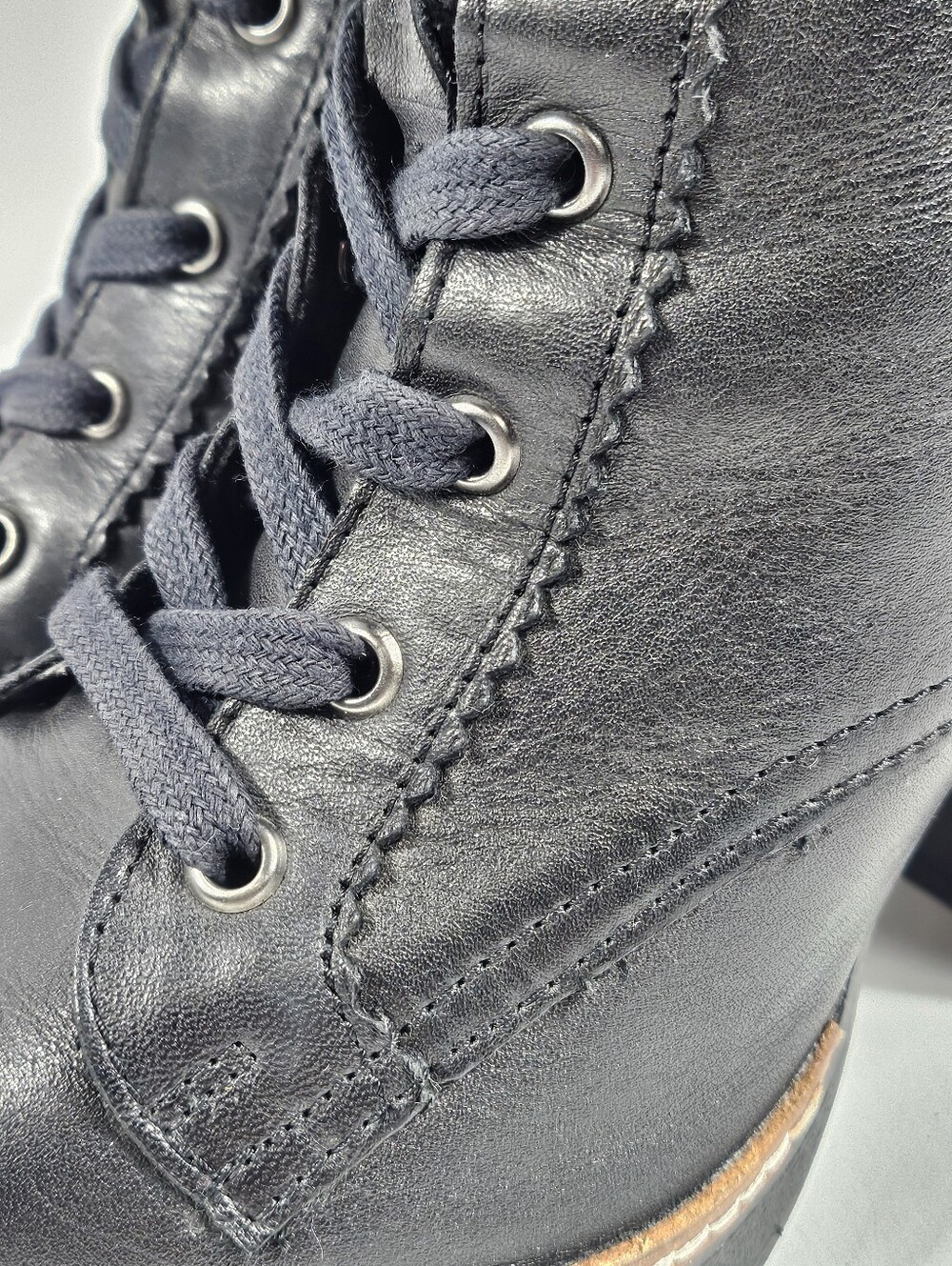 Chelsea & Violet Lexie Black Leather Lace-Up Block Heel Lug Sole Ankle Boot - Picture 6 of 16